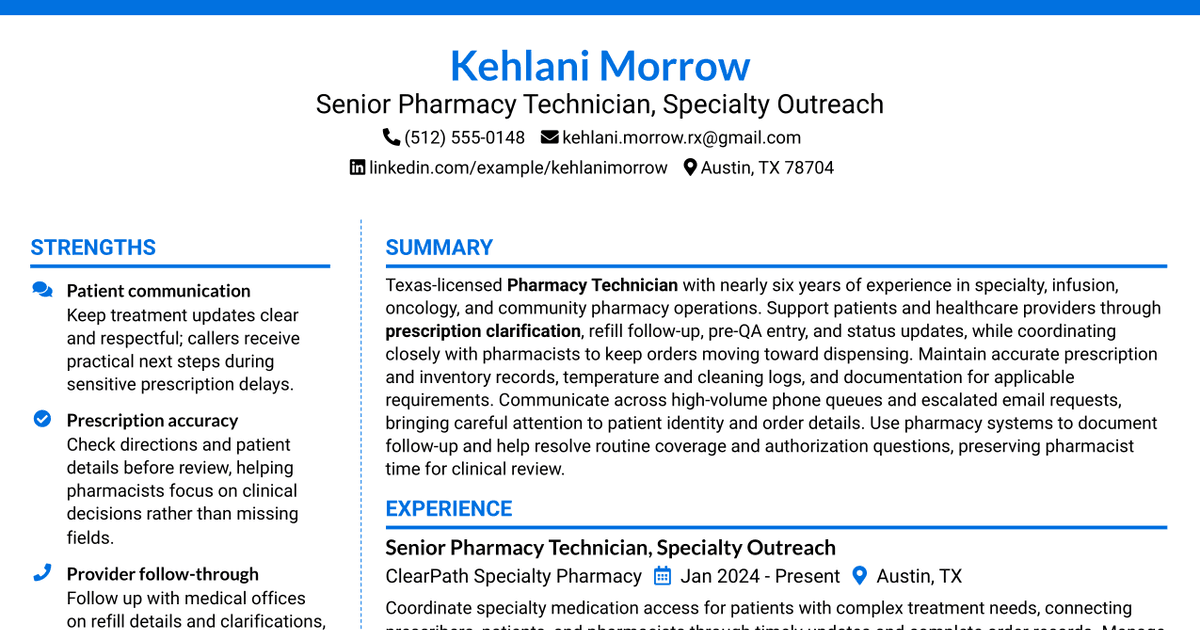7 Pharmacy Technician - Specialty Outreach Resume Templates with Example