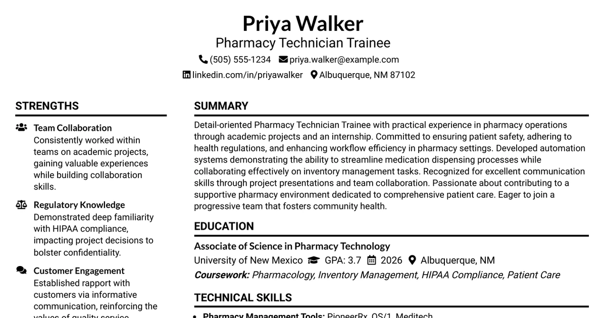 33 Pharmacy Technician Trainee Resume Templates with Example 2026 (ATS-Optimized)