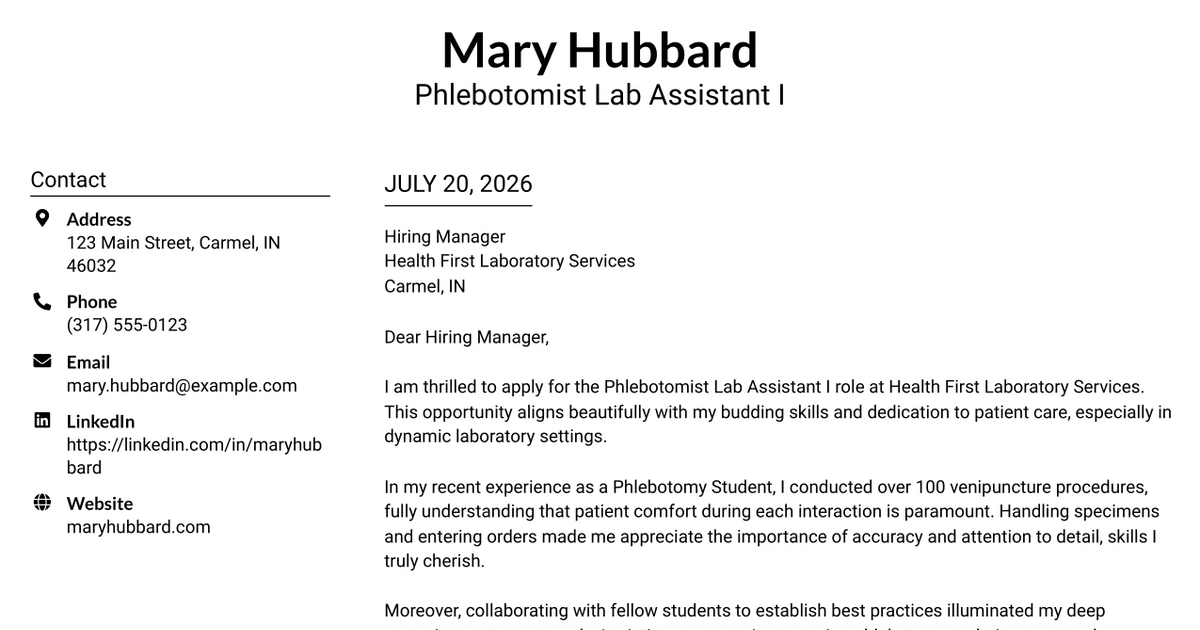 30+ Phlebotomist Lab Assistant I Cover Letter Templates with Example 2026