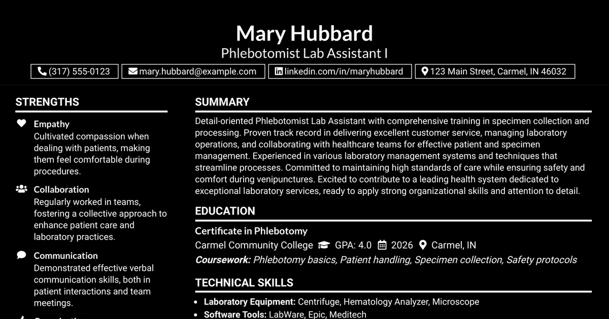 33 Phlebotomist Lab Assistant I Resume Templates with Example 2026 (ATS-Optimized)