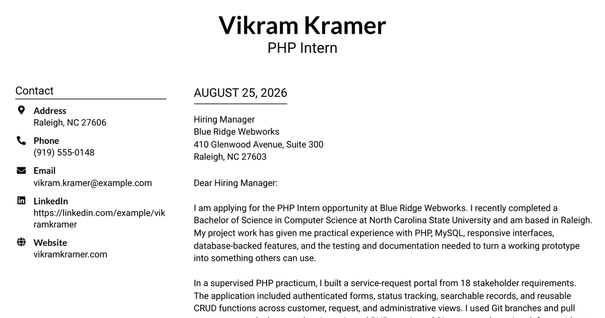 30+ PHP Intern Cover Letter Templates with Example 2026