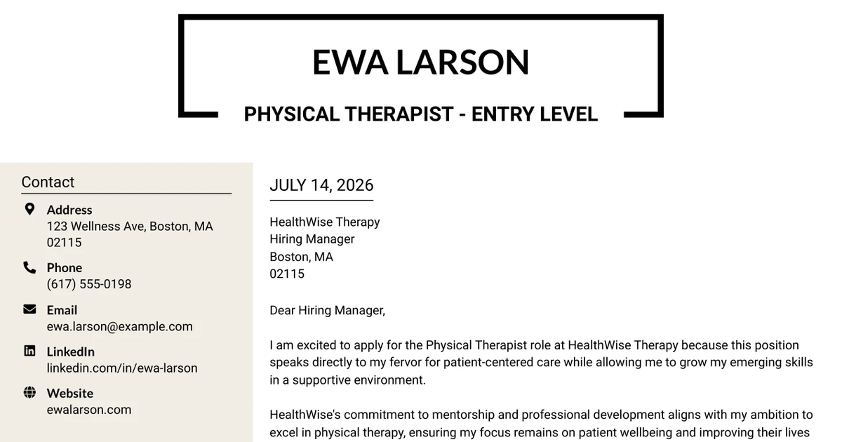 30+ Physical Therapist - Entry Level Cover Letter Templates with Example 2026