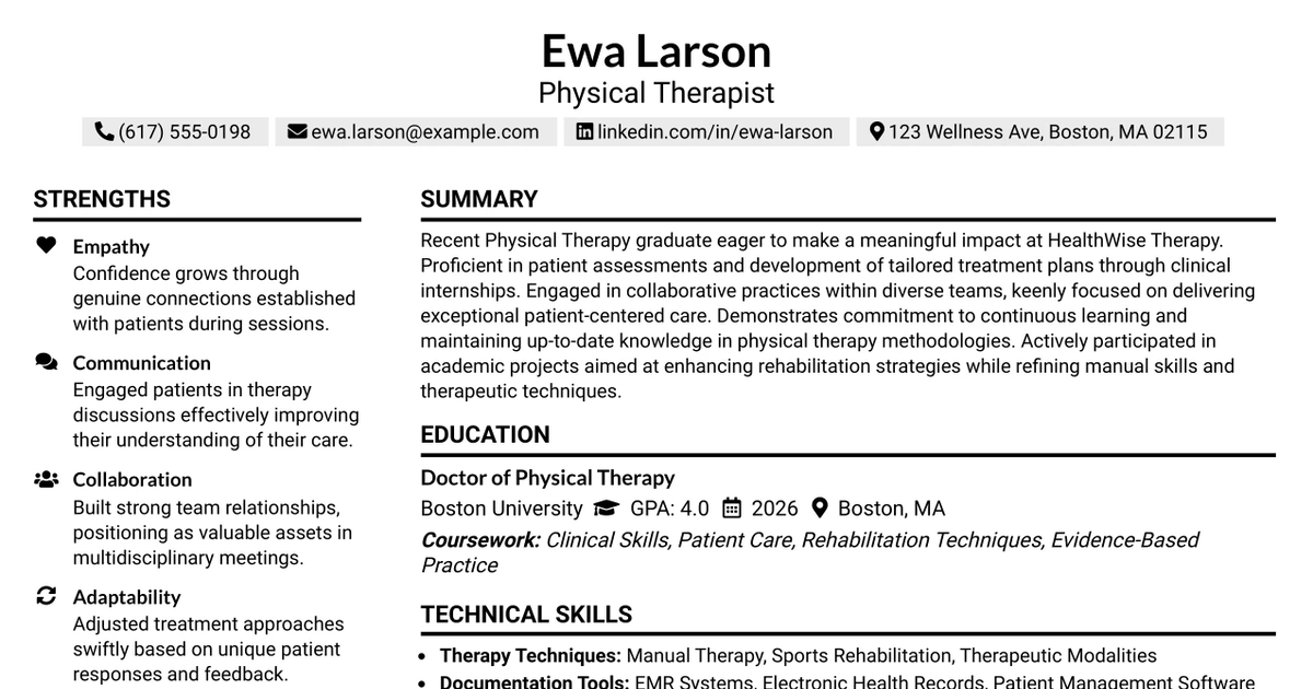 33 Physical Therapist - Entry Level Resume Templates with Example 2026 (ATS-Optimized)