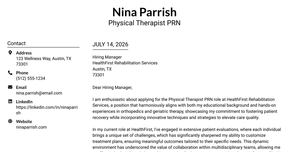 30+ Physical Therapist PRN Cover Letter Templates with Example 2026