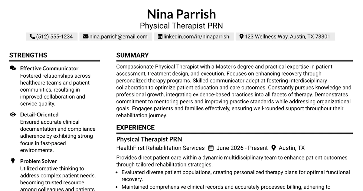 33 Physical Therapist PRN Resume Templates with Example 2026 (ATS-Optimized)