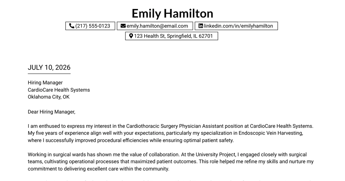 30+ Physician Assistant - Cardiothoracic Surgery Cover Letter Templates with Example 2026
