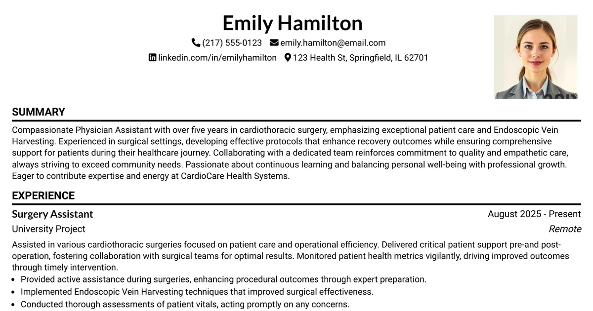 33 Physician Assistant - Cardiothoracic Surgery Resume Templates with Example 2026 (ATS-Optimized)