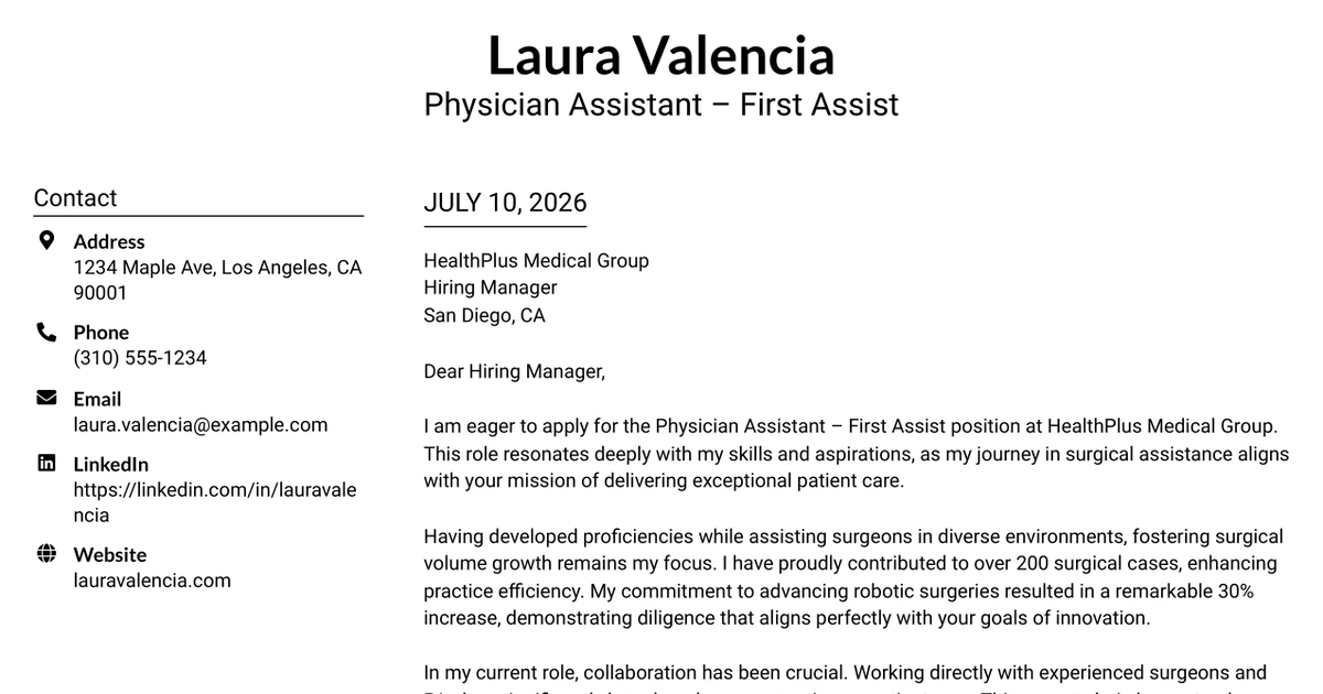 30+ Physician Assistant – First Assist Cover Letter Templates with Example 2026