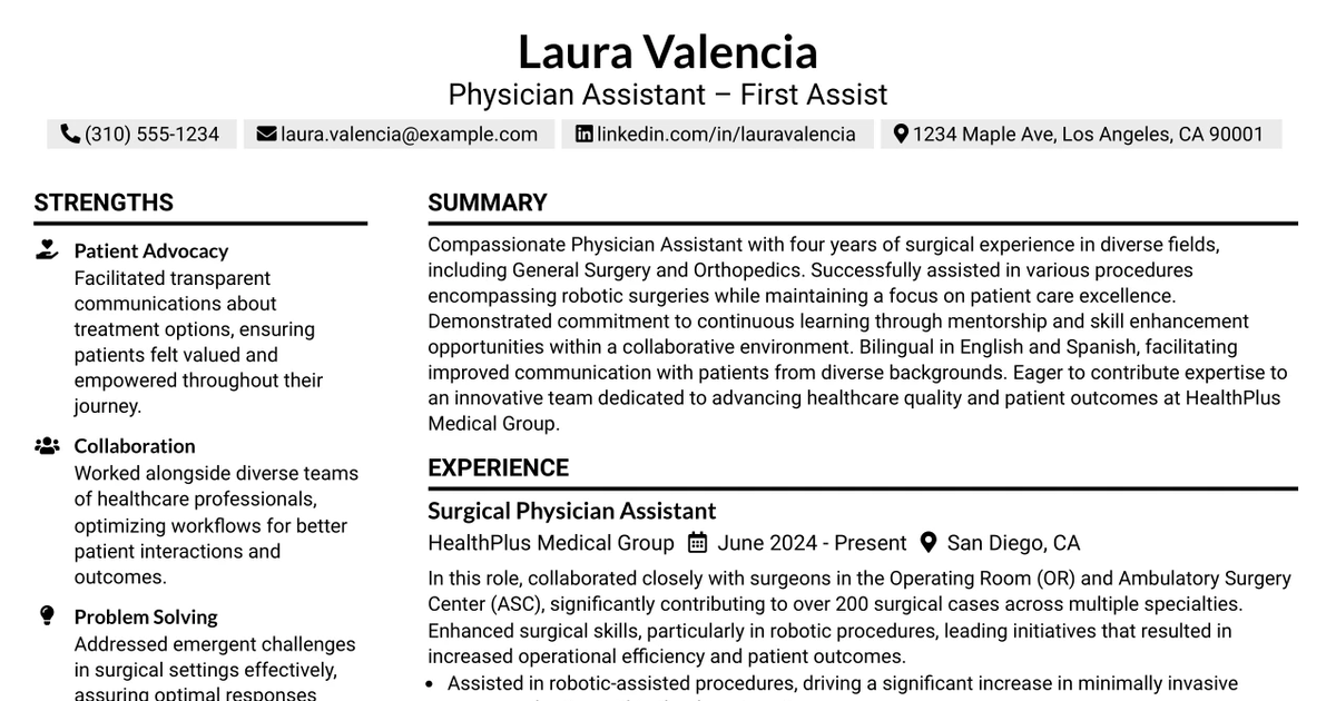 33 Physician Assistant – First Assist Resume Templates with Example 2026 (ATS-Optimized)