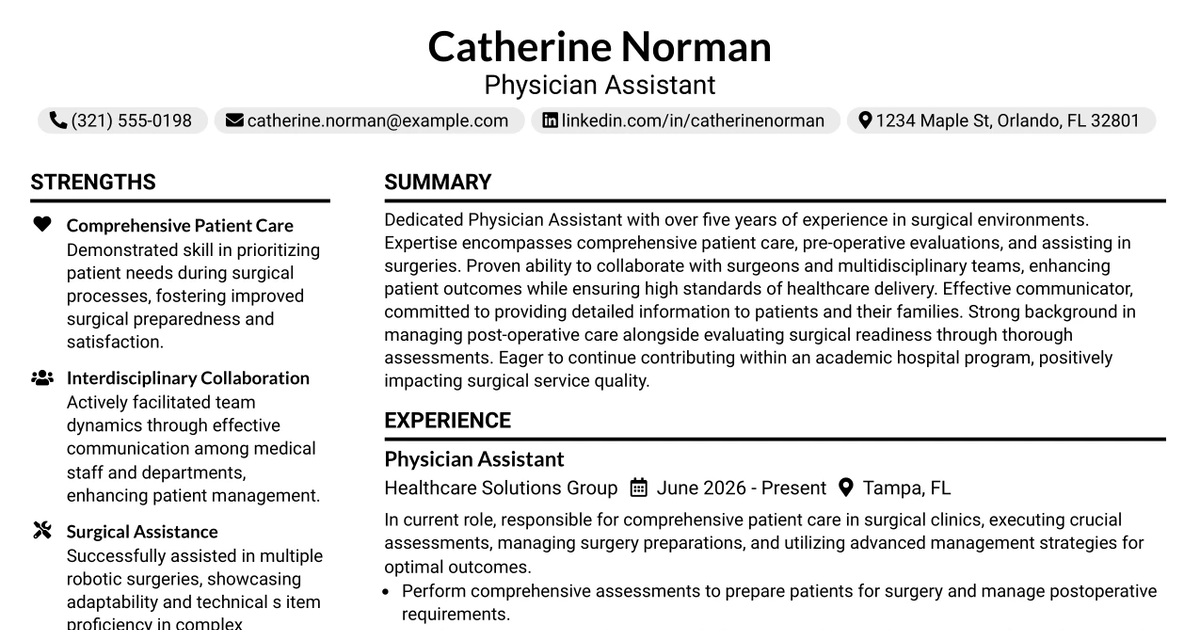 33 Physician Assistant (General Surgery) Resume Templates with Example 2026 (ATS-Optimized)
