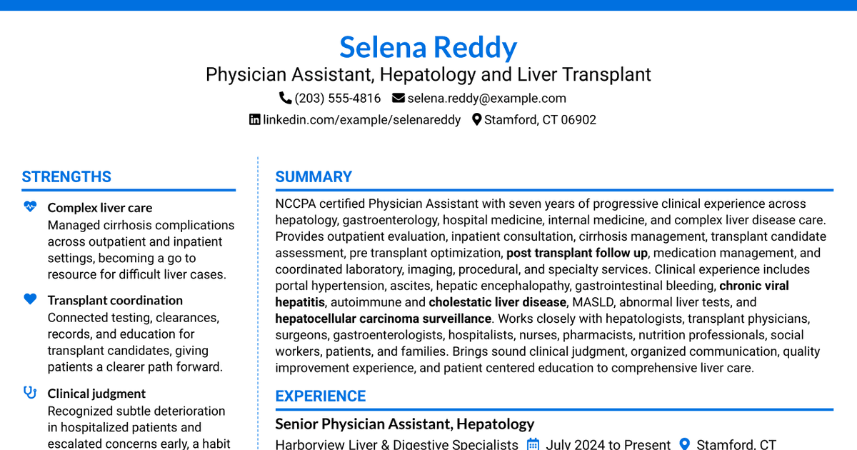 7 Physician Assistant - Hepatology & Liver Transplant Resume Templates with Example