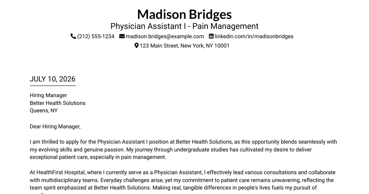 30+ Physician Assistant I - Pain Management Cover Letter Templates with Example 2026