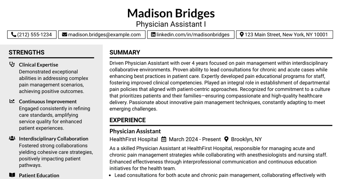 33 Physician Assistant I - Pain Management Resume Templates with Example 2026 (ATS-Optimized)