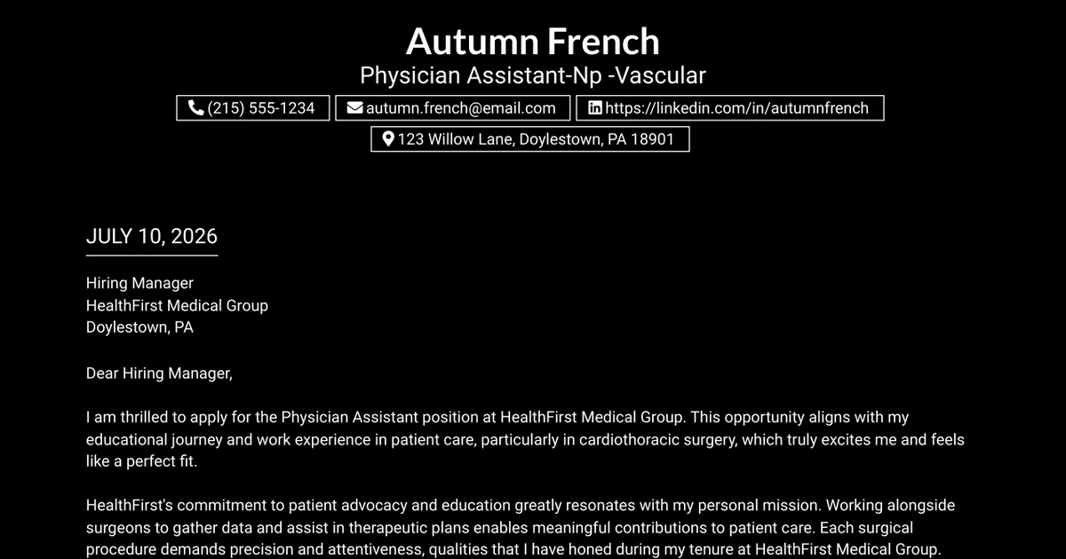 30+ Physician Assistant-Np -Vascular Cover Letter Templates with Example 2026