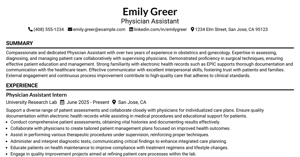 33 Physician Assistant-OBGYN Resume Templates with Example 2026 (ATS-Optimized)