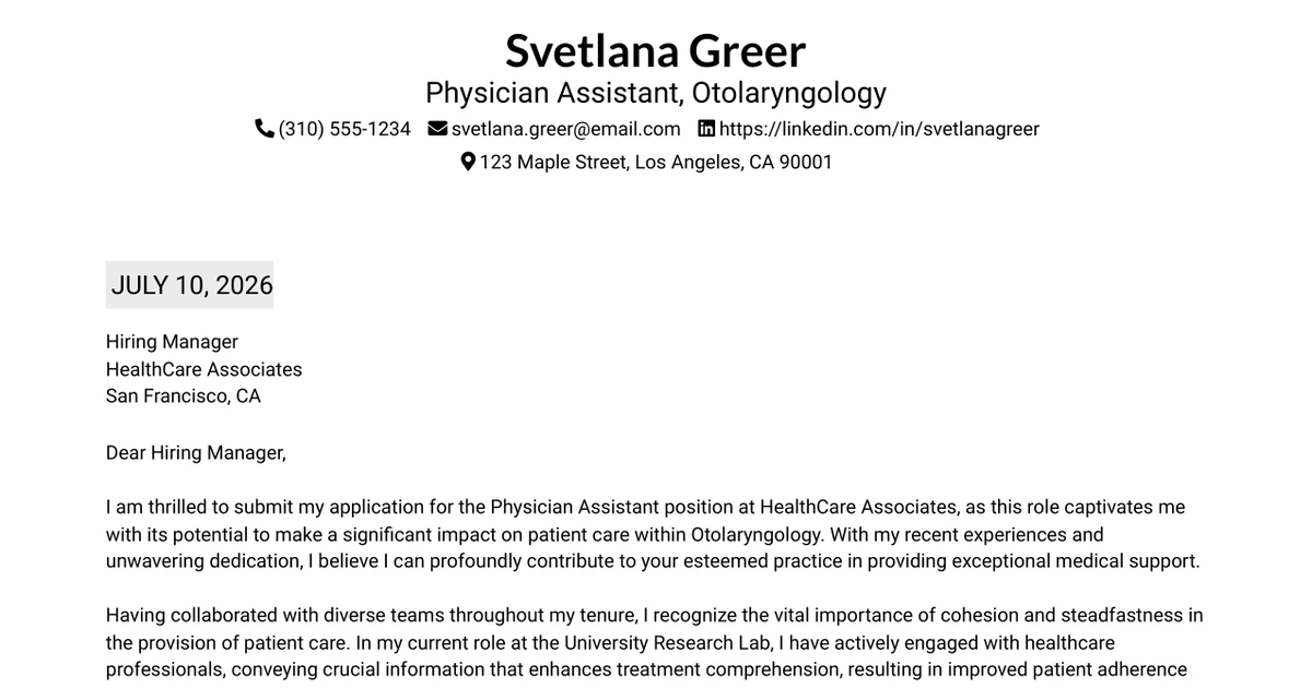 30+ Physician Assistant, Otolaryngology Cover Letter Templates with Example 2026