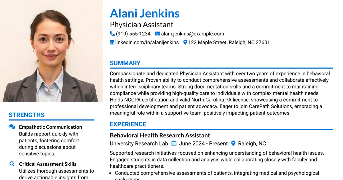 33 Physician Assistant (PA) Behavioral Health Resume Templates with Example 2026 (ATS-Optimized)