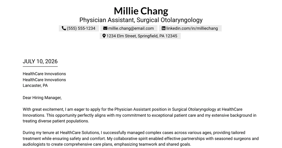 30+ Physician Assistant, Surgical Otolaryngology Cover Letter Templates with Example 2026