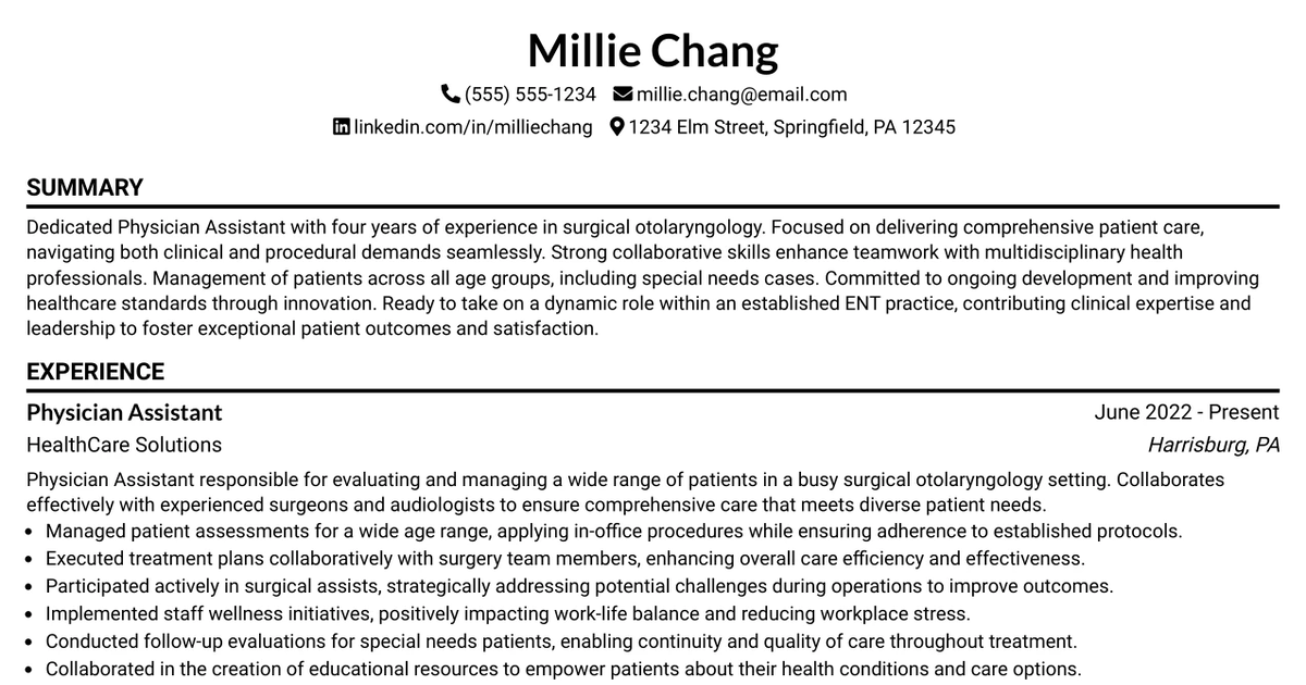 33 Physician Assistant, Surgical Otolaryngology Resume Templates with Example 2026 (ATS-Optimized)