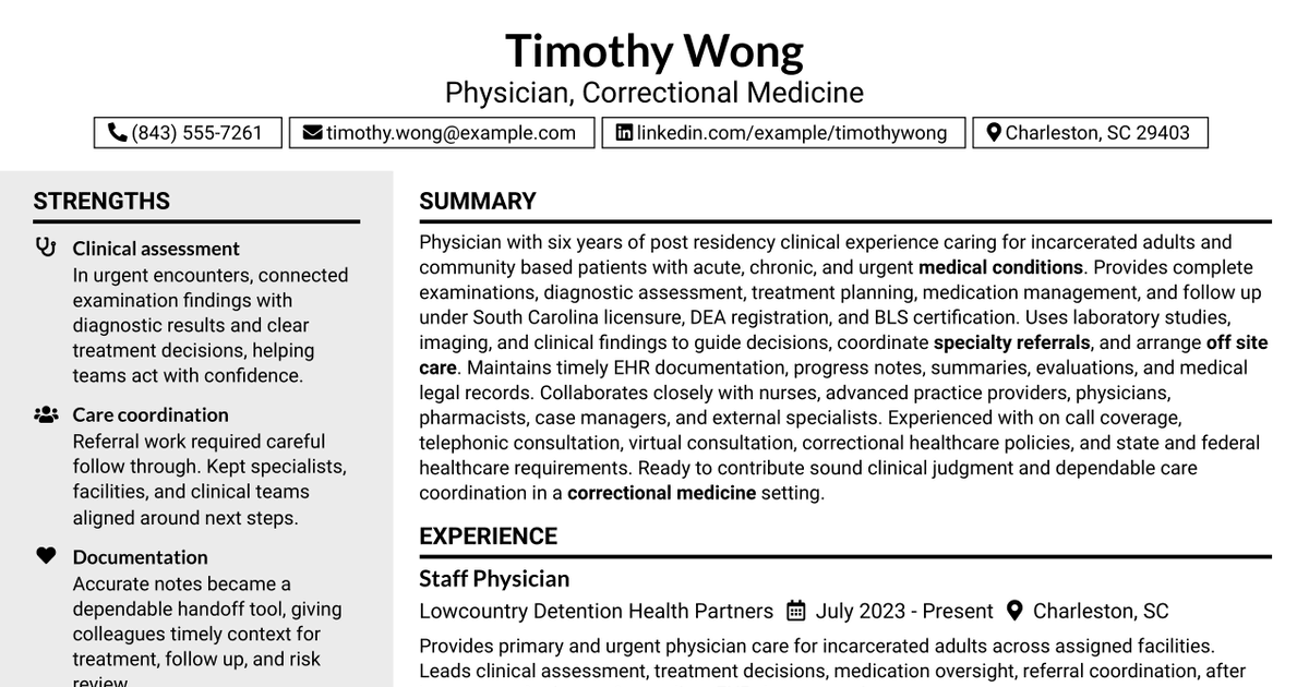 7 Physician - Correctional Medicine Resume Templates with Example