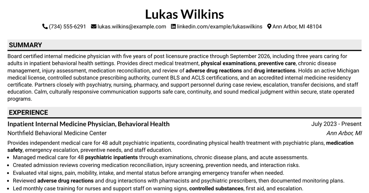 33 Physician - Inpatient Psychiatric Medicine Resume Templates with Example 2026 (ATS-Optimized)
