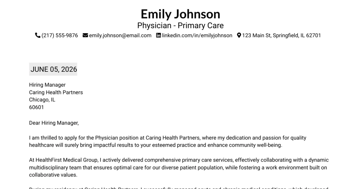 30+ Physician - Primary Care Cover Letter Templates with Example 2026