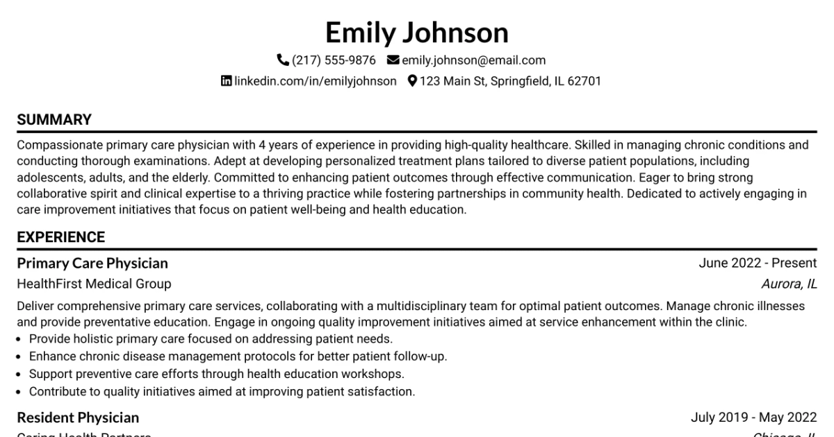 33 Physician - Primary Care Resume Templates with Example 2026 (ATS-Optimized)