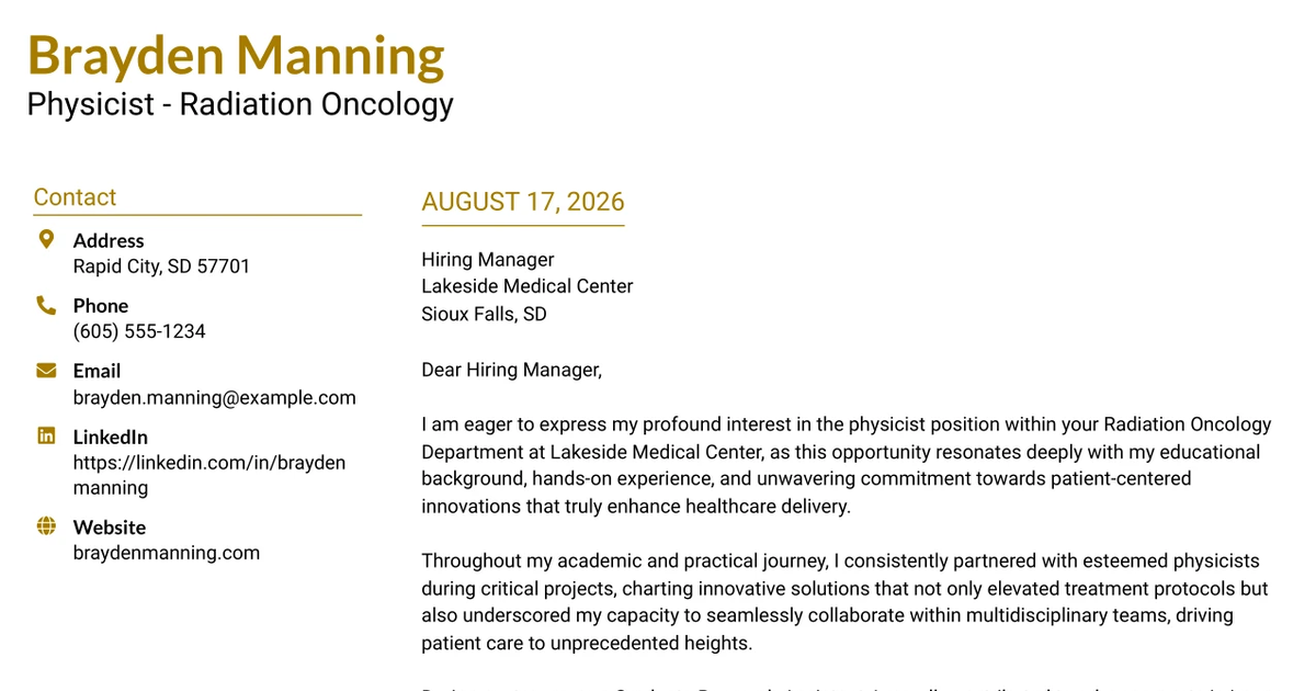 30+ Physicist - Radiation Oncology Cover Letter Templates with Example 2026