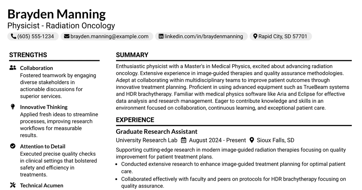 33 Physicist - Radiation Oncology Resume Templates with Example 2026 (ATS-Optimized)