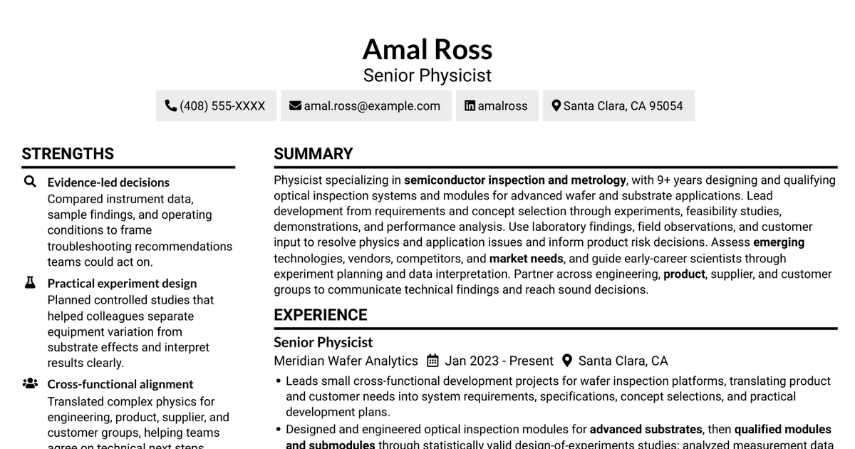 7 Physicist/Scientist - Semiconductor Inspection and Metrology Resume Templates with Example