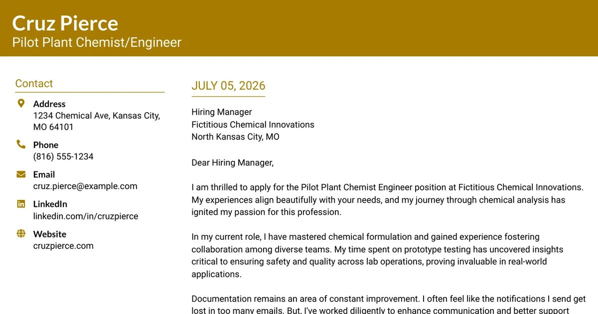 30+ Pilot Plant Chemist/Engineer Cover Letter Templates with Example 2026