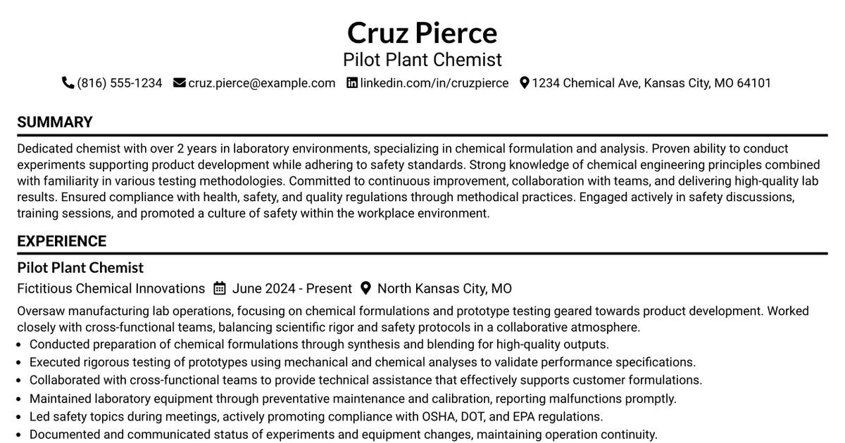 33 Pilot Plant Chemist/Engineer Resume Templates with Example 2026 (ATS-Optimized)