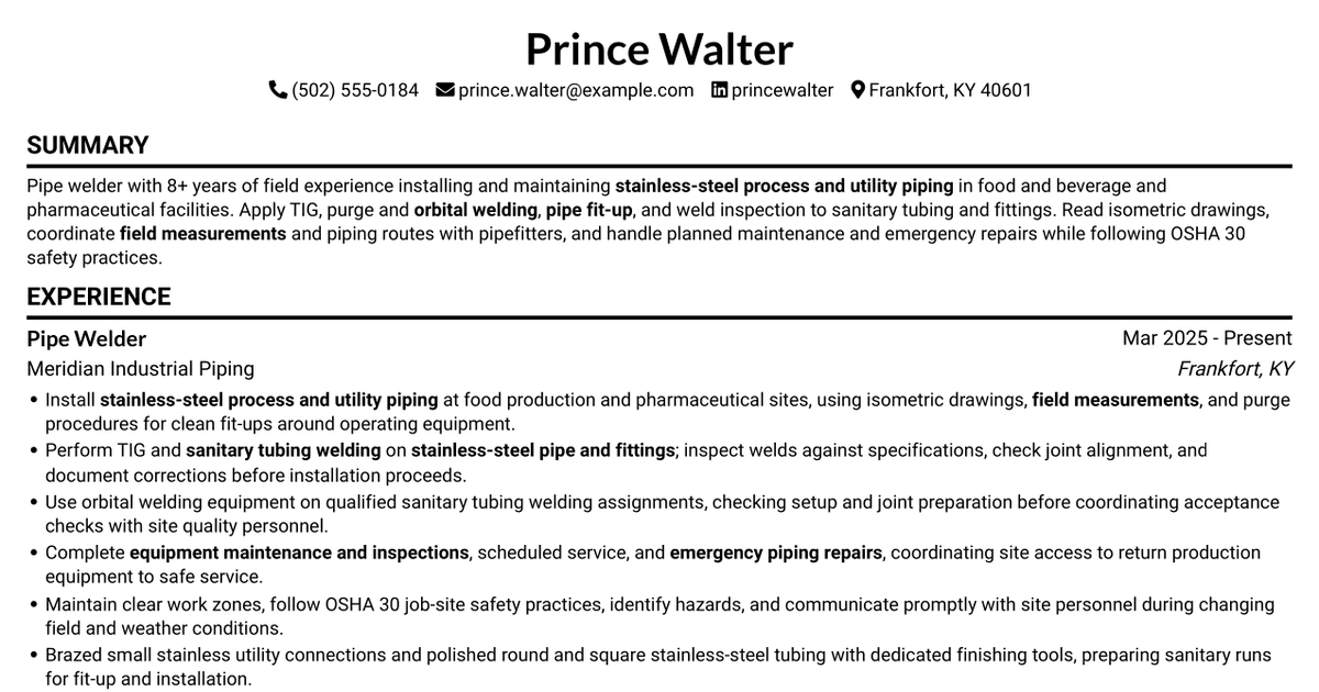 7 Pipe Welder - Sanitary Process Piping Resume Templates with Example