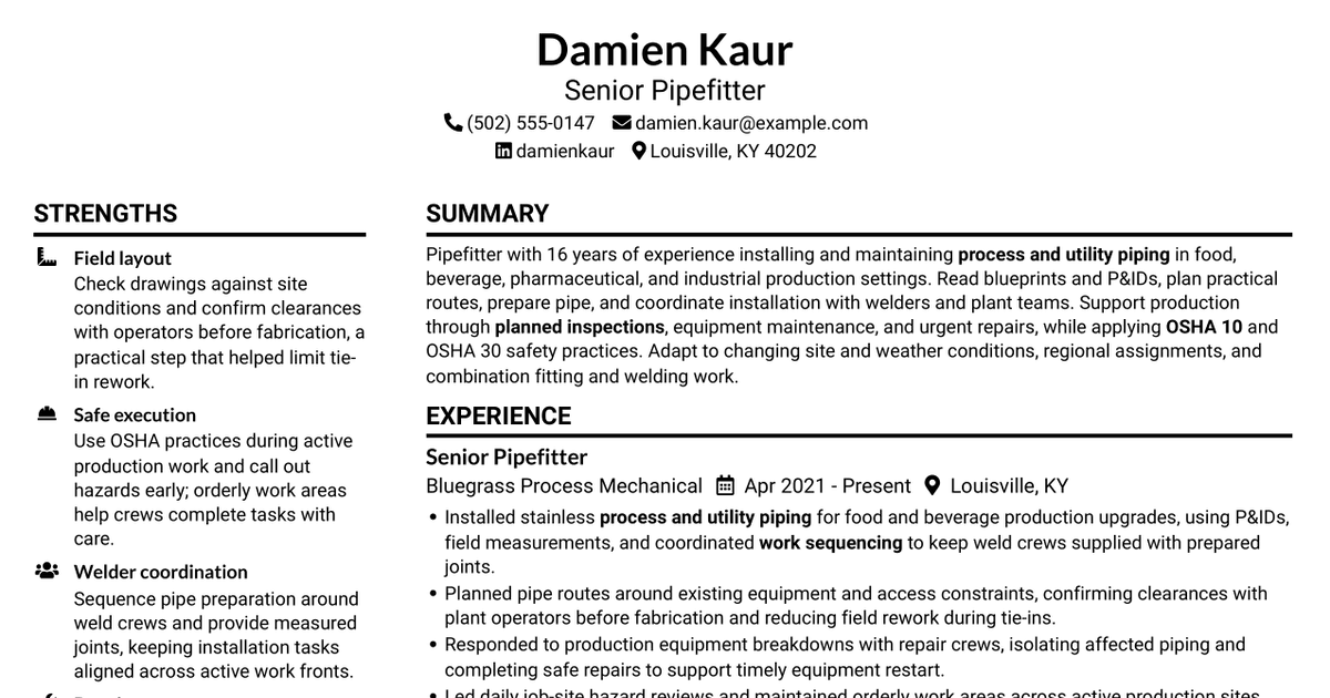 7 Pipefitter - Process and Utility Piping Resume Templates with Example