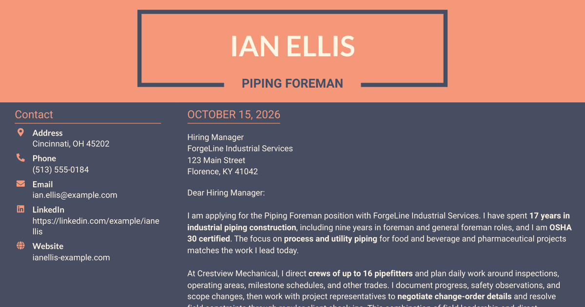 7 Piping Foreman - Process and Utility Piping Cover Letter Templates with Example