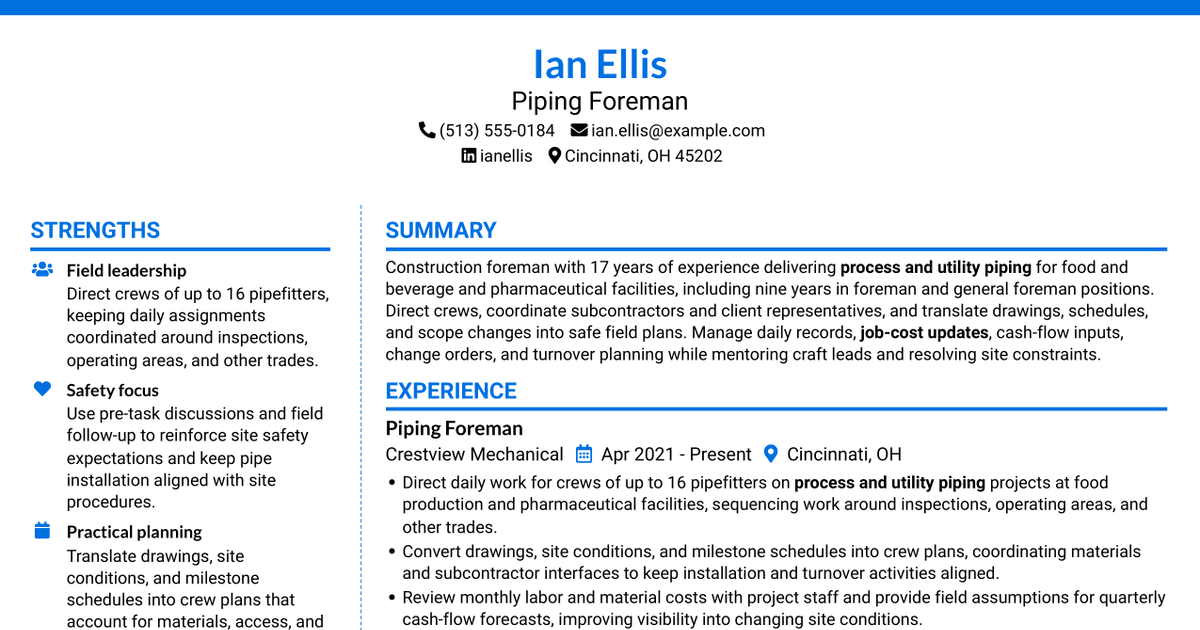 7 Piping Foreman - Process and Utility Piping Resume Templates with Example