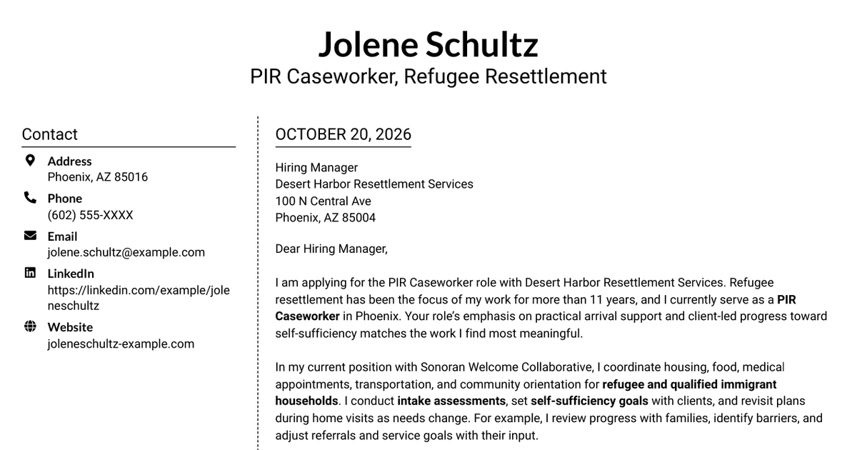 7 PIR Caseworker - Refugee Resettlement Cover Letter Templates with Example