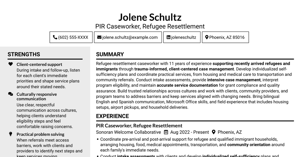 7 PIR Caseworker - Refugee Resettlement Resume Templates with Example