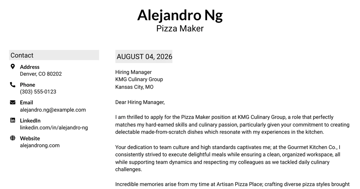 30+ Pizza Maker Cover Letter Templates with Example 2026