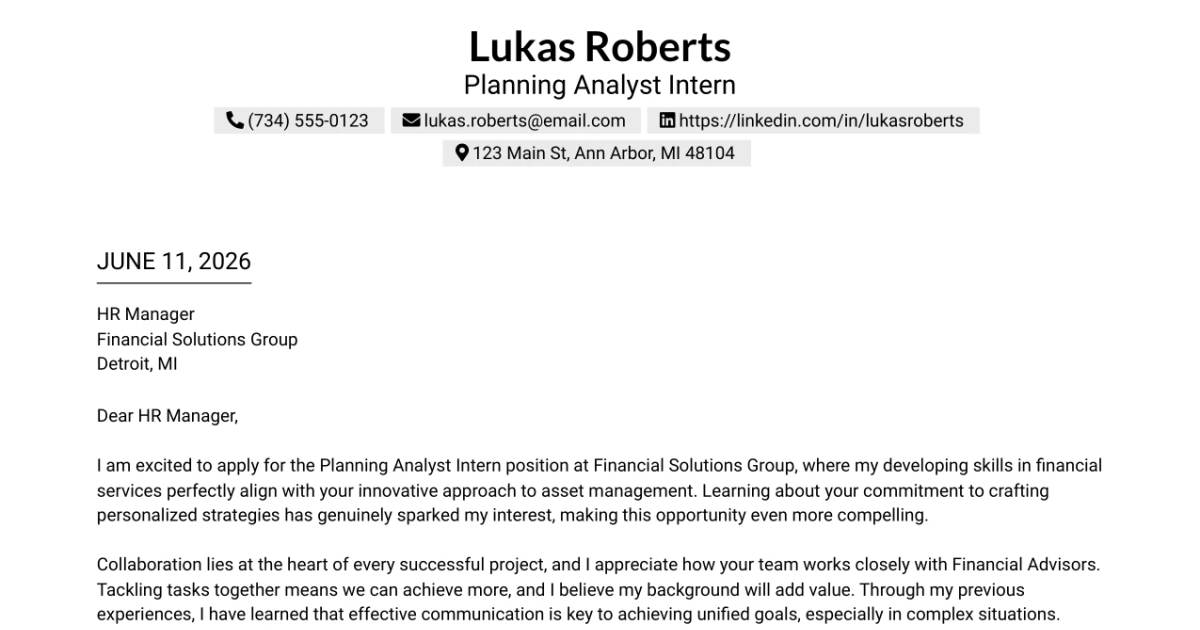 30+ Planning Analyst Intern Cover Letter Templates with Example 2026