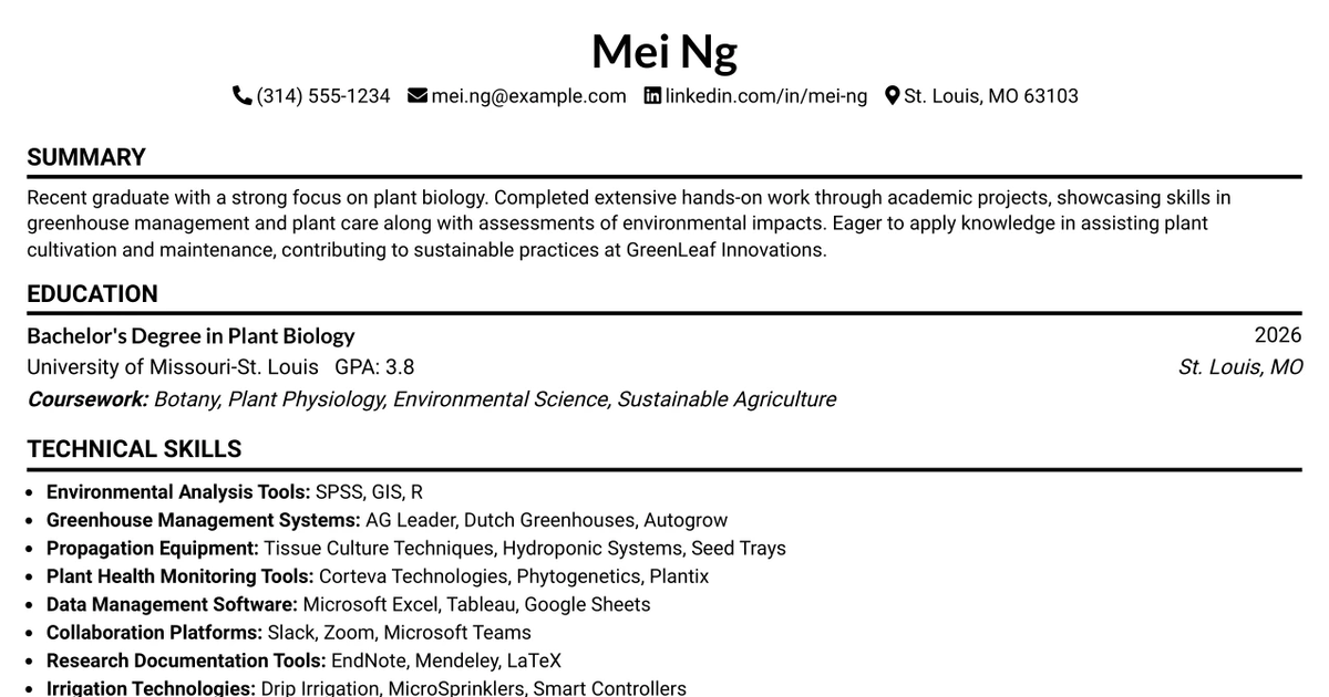 33 Plant Biologist (Entry Level) Resume Templates with Example 2026 (ATS-Optimized)