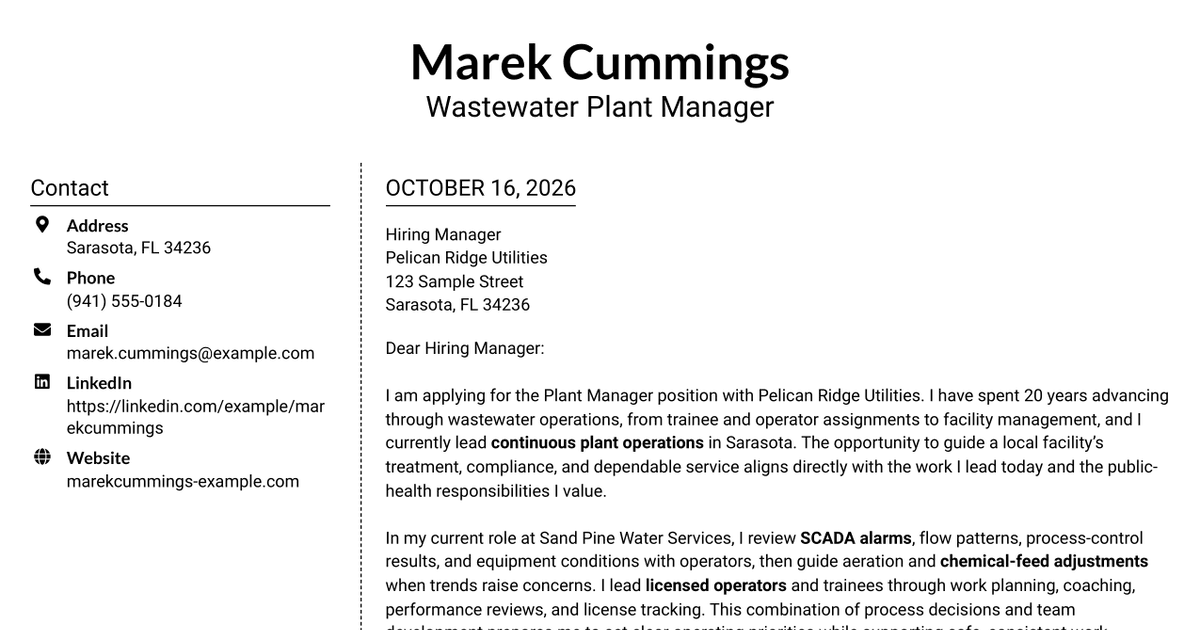 7 Plant Manager - Wastewater Cover Letter Templates with Example
