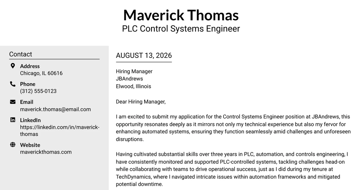 30+ PLC Control Systems Engineer Cover Letter Templates with Example 2026