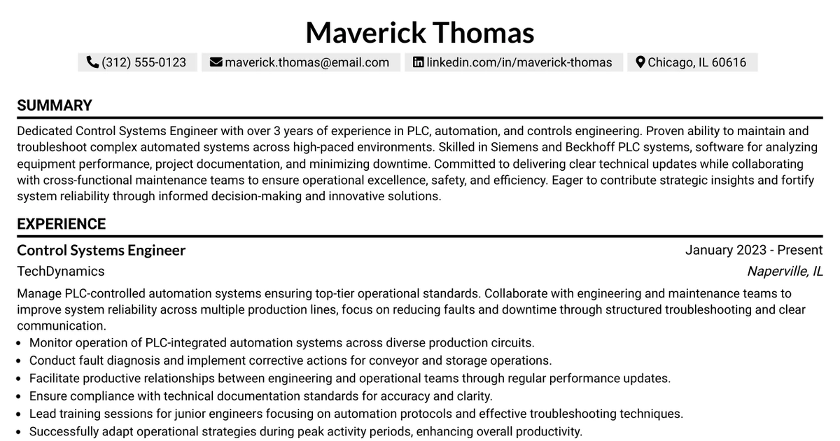 33 PLC Control Systems Engineer Resume Templates with Example 2026 (ATS-Optimized)