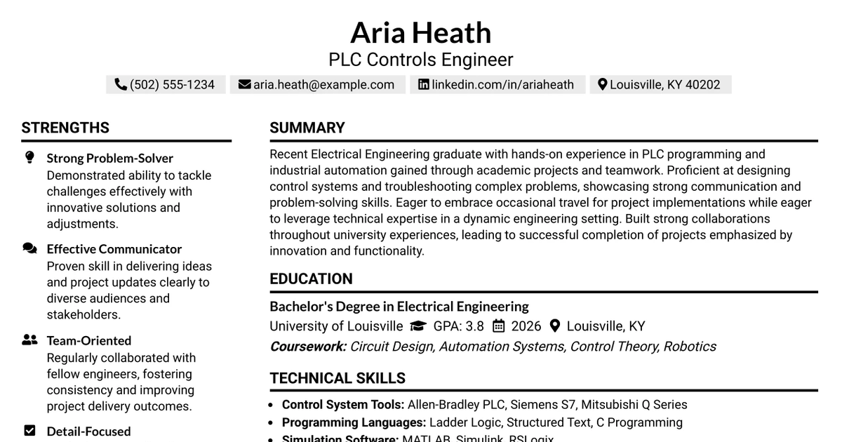 33 PLC Controls Engineer Resume Templates with Example 2026 (ATS-Optimized)