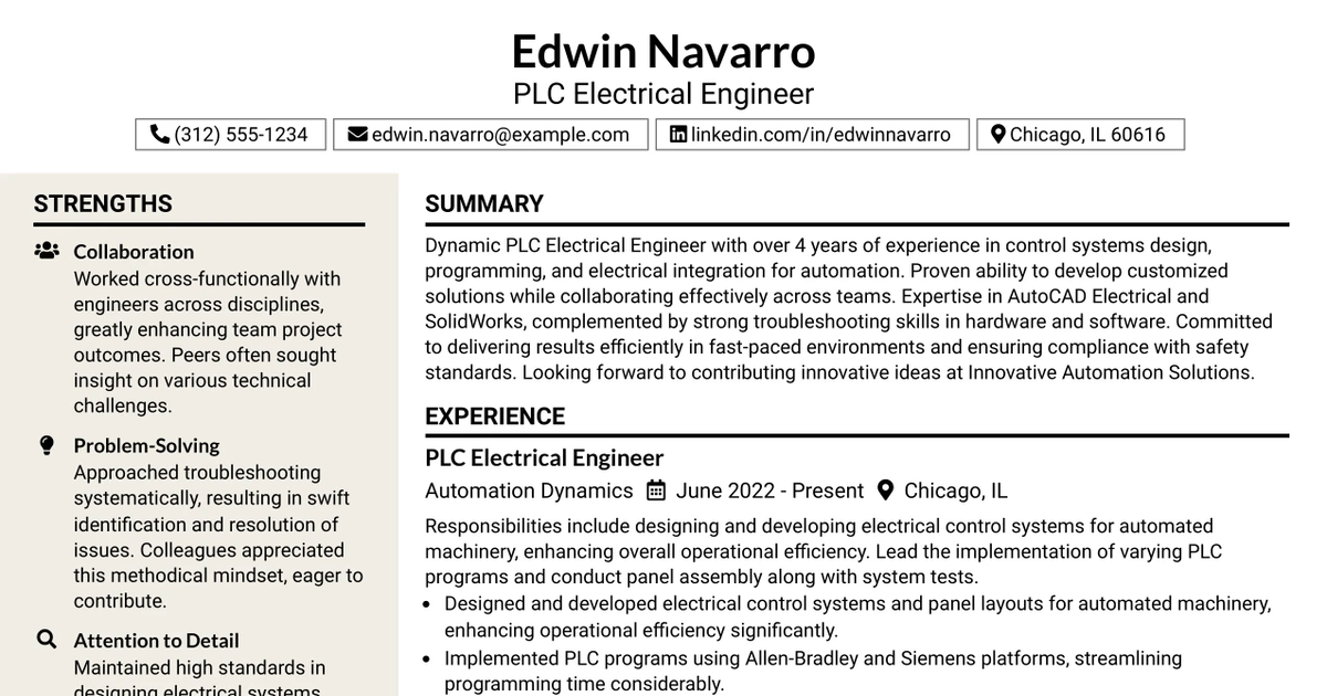 33 PLC Electrical Engineer / Control Engineer Resume Templates with Example 2026 (ATS-Optimized)