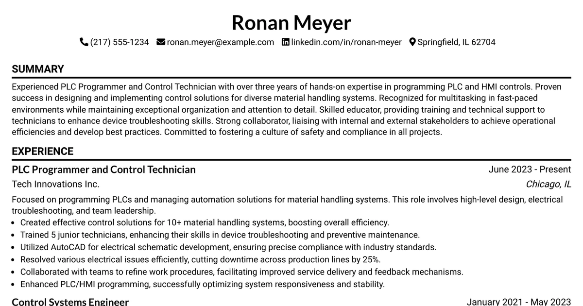 33 PLC Programmer and Control Technician Resume Templates with Example 2026 (ATS-Optimized)