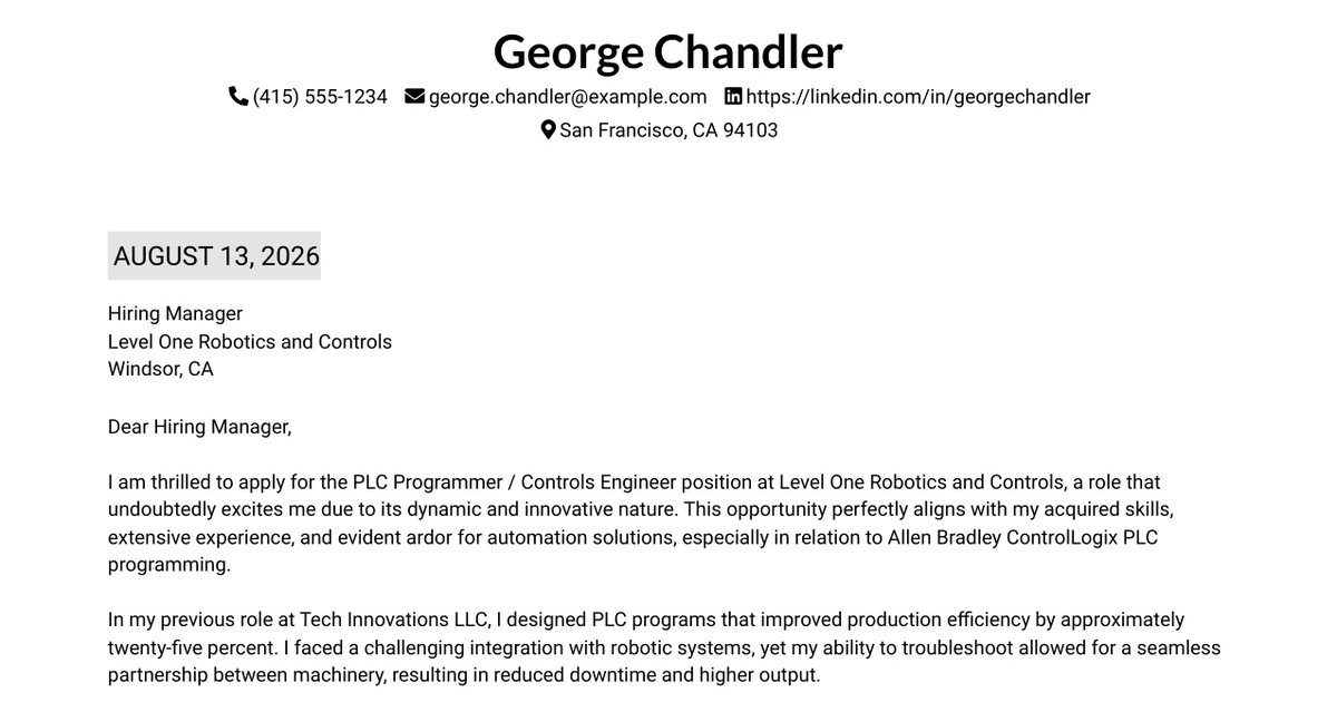 30+ PLC Programmer / Controls Engineer Cover Letter Templates with Example 2026