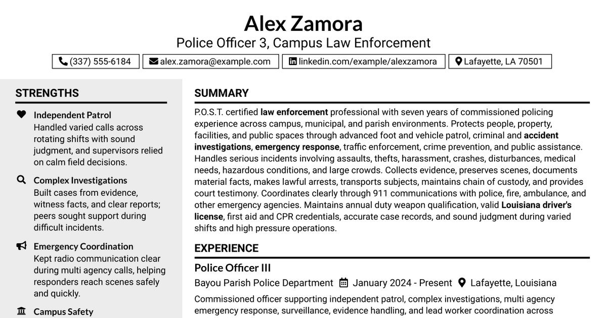 7 Police Officer 3 - Campus Law Enforcement Resume Templates with Example