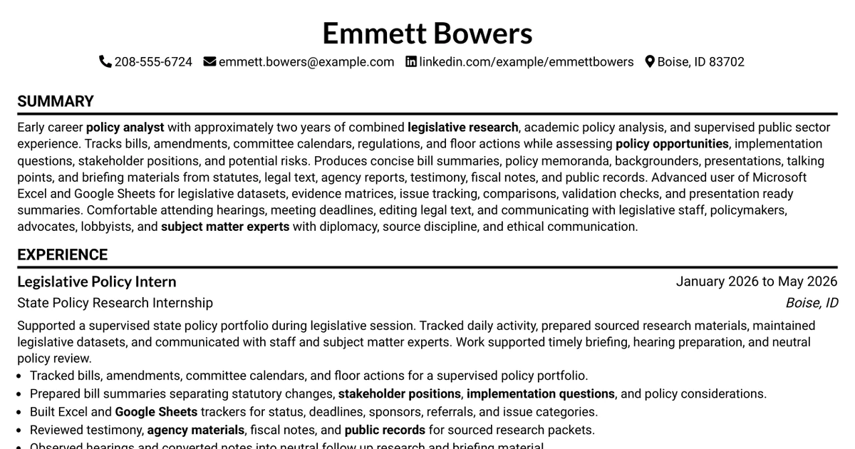 33 Policy Analyst - Legislative Research Resume Templates with Example 2026 (ATS-Optimized)